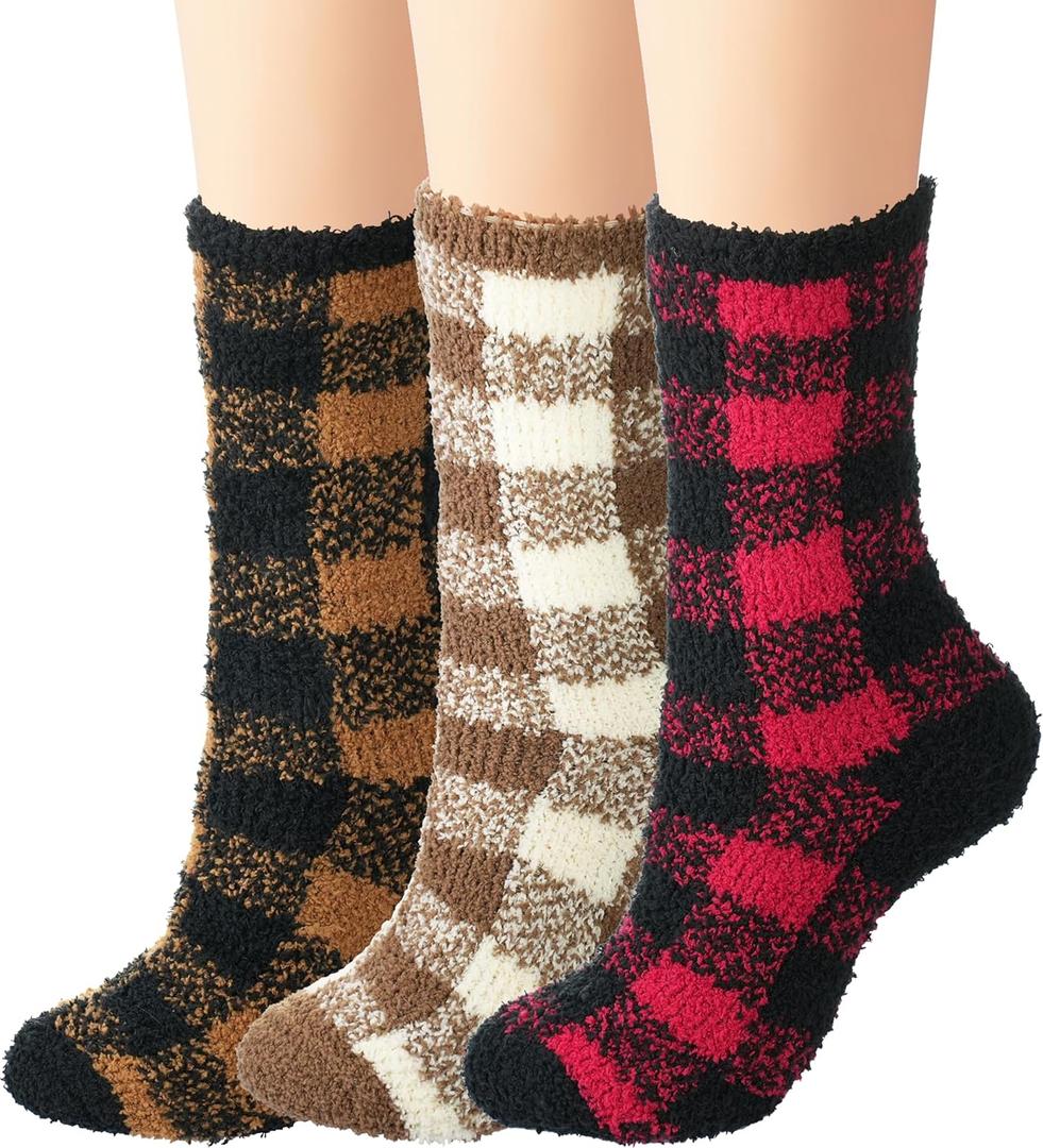 BomKinta Fuzzy Socks Women - Winter House Slipper Sock - Cozy Thick Warm Sleeping Gifts for Women Size 5-10 (3 Pairs Checkered Red Khaki Yellow)
