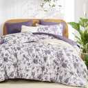 Luxudecor Floral Comforter Set King Size 7 Pieces, Purple Flower with Bird Bed in a Bag, Soft Reversible Comforter with Sheet Bed Set 104"x90"