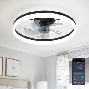 Ceiling Fans with Lights, 24 Inch Flush Mount Fandelier Ceiling Fan, Remote Control, Low Profile, Reversible DC Motor, Dimmable LED Fan for Bedroom, Kitchen, Dining, Office (Black)