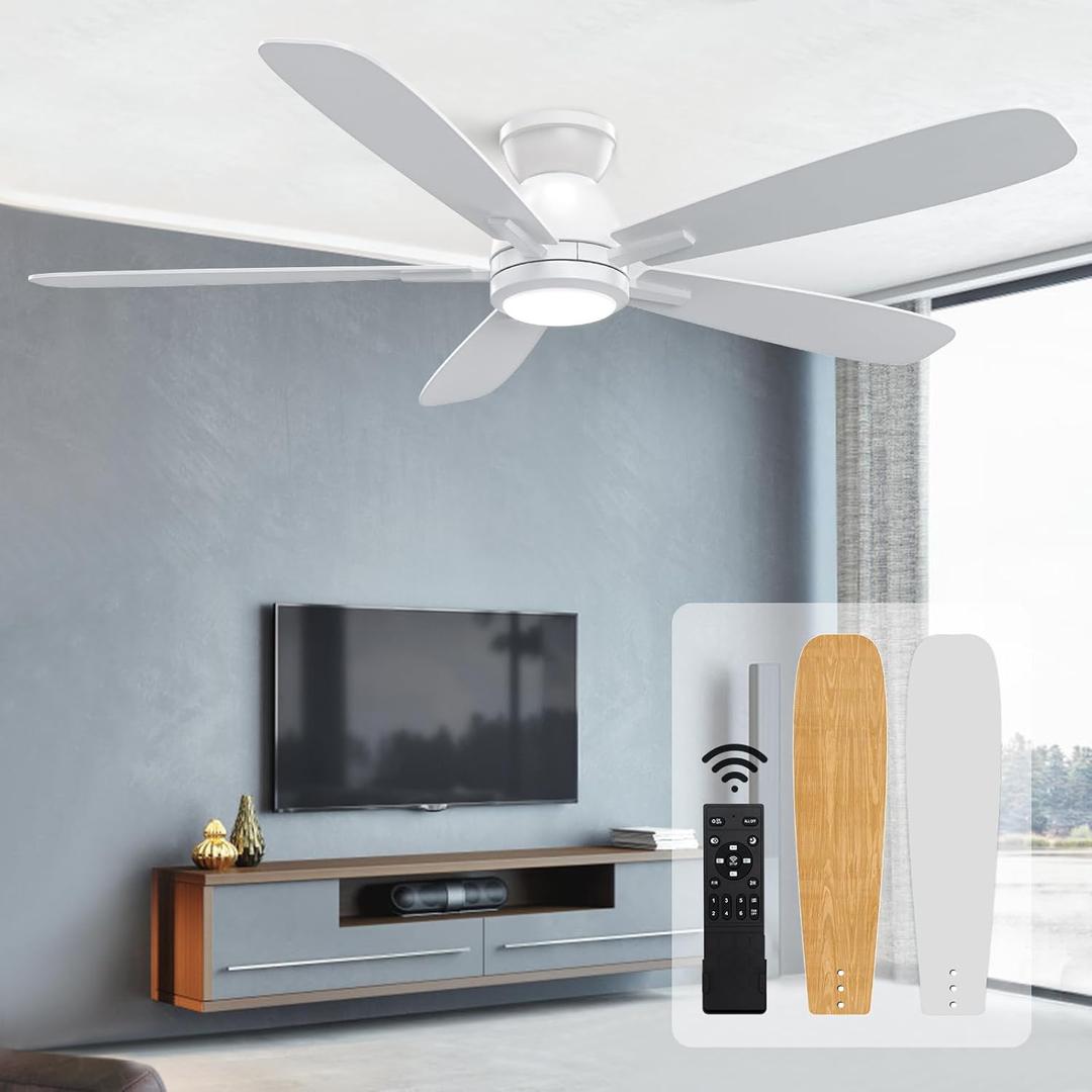 JINIU Ceiling Fans with Lights, 52 inch Flush Mount Ceiling Fan with Remote Control, 5 Blades, Reversible, Innovative Stepless dimming and Color Temperature, Ceiling Fan for Living Room, Bedroom (White)