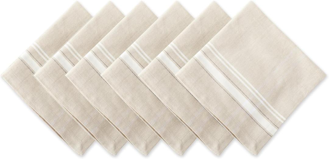 DII French Stripe Tabletop Collection Farmhouse Style Dining Table Linen Napkin Set, 20x20, Taupe/White, 6 Piece