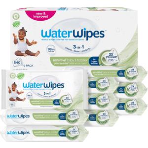 WaterWipes Sensitive+ Baby & Toddler Wipes, 3-In-1 Cleans, Cares, Protects, 99.9% Water, Textured Clean, Unscented & Hypoallergenic, 540 Count (Pack of 9)