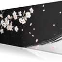 Black and White Japanese Cherry Blossom Large Mouse Pad, Desk Mat Computer Keyboard Pad Non-Slip Rubber Base Waterproof with Stitched Edges for Laptop Gaming, Office & Home 31.5 x 11.8 Inch