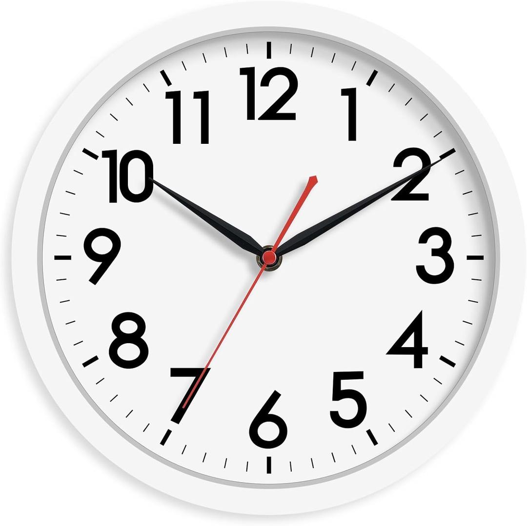 AKCISOT Wall Clock Silent Non Ticking Modern Wall Clocks Battery Operated 10 Inch, Analog Small Classic Clock Decorative for Bedroom, Kitchen, Home Office, Bathroom, School, Living Room (White)