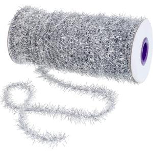 eBoot Christmas Tinsel Garland 147.6 Ft/ 50 Yard Thin Glitter Metallic Gift Wrapping Twist Tinsel Garland Decoration for Holiday Christmas Tree Birthday Party Wedding Gift Decorations(Silver)