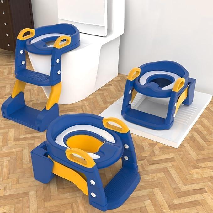 3-in-1 Toddler Potty Training Toilet with Ladder & PU Cushion, Easy Assembly, Potty Training Seat, Anti-slip Foldable Toddler Toilet Seat with Adjustable Step Stool For Kids Boys And Girls (Blue)