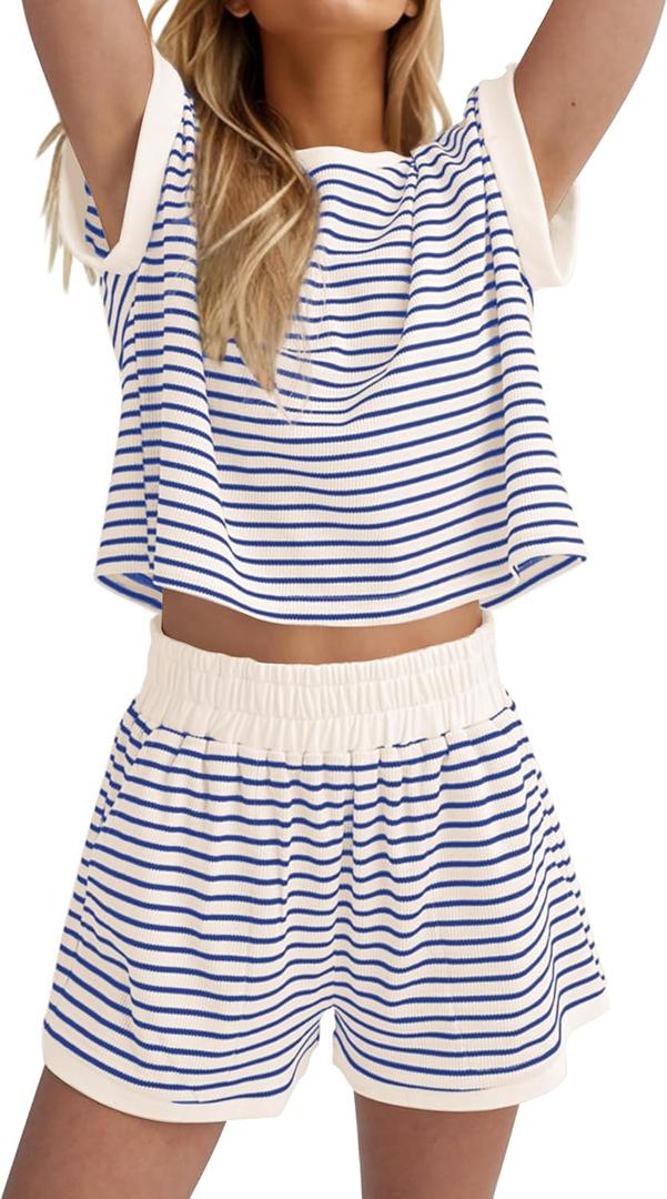 MISSACTIVER 2 Piece Lounge Set Women Stripe Knit Short Sleeve Tee Shirts Shorts Casual Summer Loungewear Shorts Sets (M)