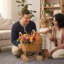 Handwoven Rattan Stroller Shaped Flower Basket on Wheels Vintage Wicker Planter for Fresh Flowers, Baby Gift, Wedding Decor, & Rustic Home Accent