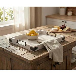 Wooden Rustic X-Large Serving Tray with Handles | White Vintage Style | Decorative Metal Corners | Ottoman & Coffee Table Décor