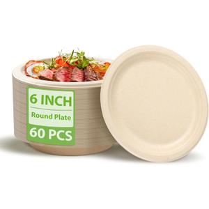 6 Inch 60PACK Bamboo Fiber and Sugarcane Fiber Pulp Disposable Plate Heavy-Duty 100% Biodegradable Tableware Compostable Round Plates for Noodle, Snacks, Dessert, BBQ