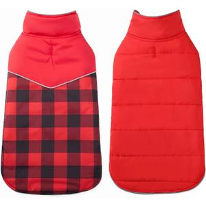 Geyecete Reversible Plaid Dog Winter Coat - Water Resistant, Soft, Warm - Leash Hole - Red - L