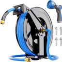 SPECILITE Retractable Hose Reel with 5/8'' Hot/Cold Garden Water Pipe 50ft, -50 - 190, Heavy Duty Metal Wall Mount Spool, with 6ft Lead Hoses, Nozzle, 3/4'' Brass Fittings for Garage, Yard, Blue