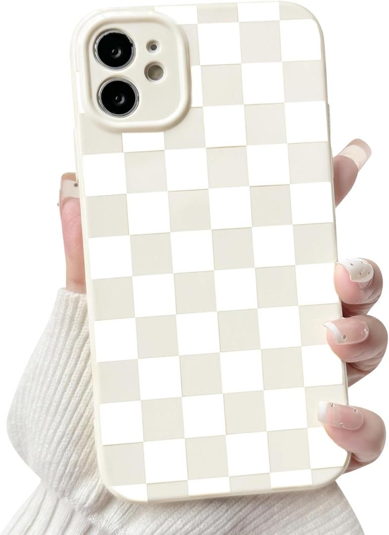NITITOP Compatible with iPhone 12 Case Cute Aesthetic Checkerboard Checkered Pattern for Women Girl Trendy Slim Fit TPU Silicone Shockproof Full Camera Protection Cover - White