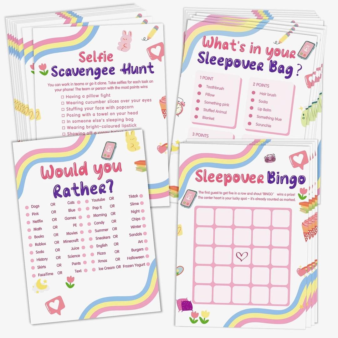 Sleepover Party Supplies for Girls, 4Funny Girls Night Games Sleep Over Essentials for Slumber Party Supplies