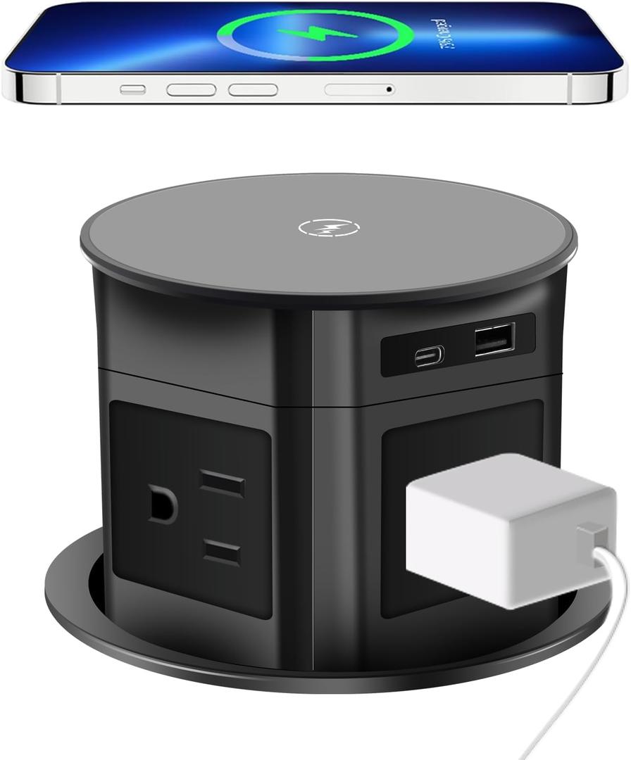 Pop Up Outlet; 15W Wireless Charger, 4 Outlets 1875W USB-A/C PD20W Super Charging 6.5FT 16AWG Cable 3.86 inch Desk Hole Pop Up Power Outlet for Kitchen Countertop,Office Table UL Testing-Black