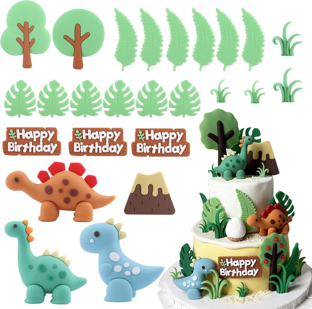 25PCS Dinosaur Cake Topper, Leaves Trees Cake Decorations Birthday Cake for Dinosaur, Jungle Safari Themed Birthday Decorations Baby Shower Supplies