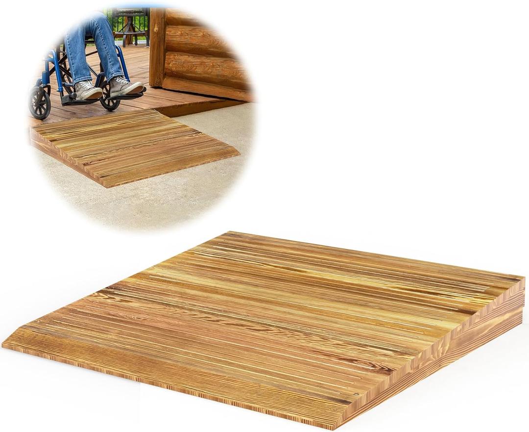 Wooden Threshold Ramp for Home Steps, 4" Rise Doorway Ramp with Non-Slip Grooves, Door Ramp for Wheelchair/Walker/Cart/Scooter, (31.4 W*4.0" H, Solid Wood, 600LBS Capacity)