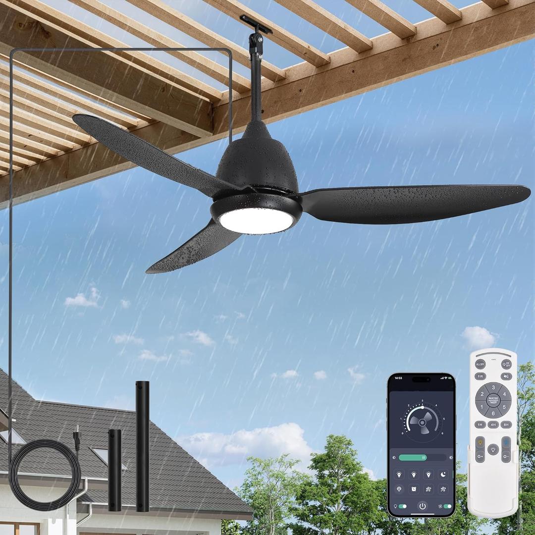 Fanbulous 42" Outdoor Ceiling Fan with Light, IP65 Waterproof Wet Rated, Plug in Gazebo Fan with 10FT Cord, Smart APP & Remote, 6-Speed Reversible DC Motor, 3CCT Dimmable LED for Patio Porch (Black)