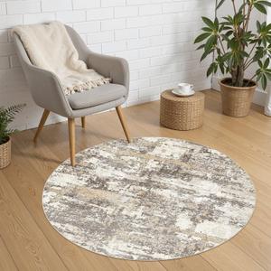4ft Round Area Rugs for Living Room: 4x4 Abstract Washable Rug Modern Large Soft Stain Resistant Non-Slip Backing Machine Table for Bedroom Dining Room Indoor Home Office Carpet - Gold Brown