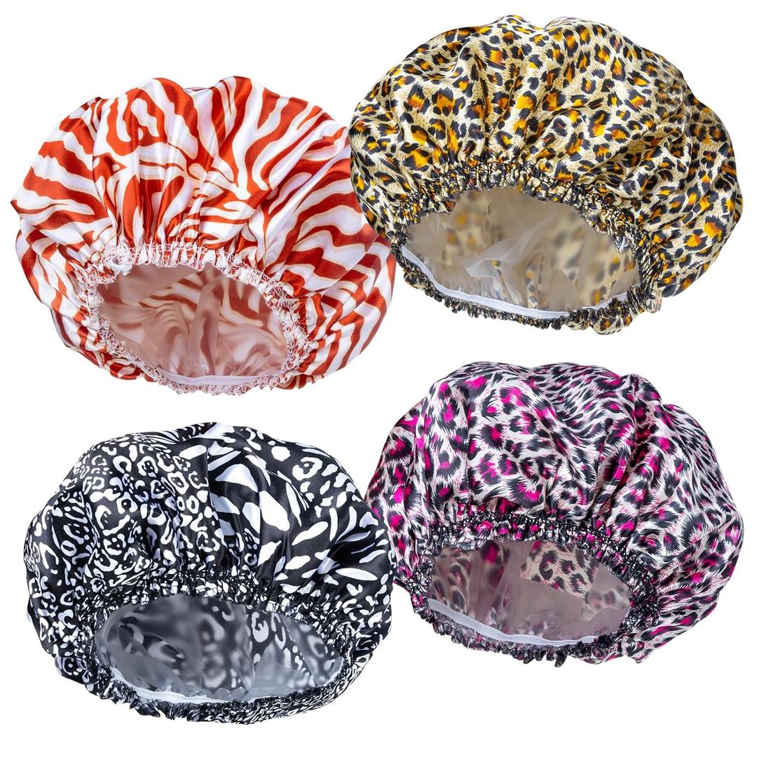 2 x 4 PCS Shower Caps for Women, Elastic and Reusable Bath Caps, Double Waterproof Layers Shower Cap, Bathing Shower Caps, Environmental Protection Hair Bath Hat - Printed Color