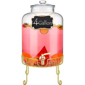 Drink Dispensers for Parties 4 Gallon Beverage Dispenser with Stand and Stainless Steel Spigot Drink Containers for Parties Jugs for Drinks Pitcher Tea Jar for Parties Lemonade Juice, Gold