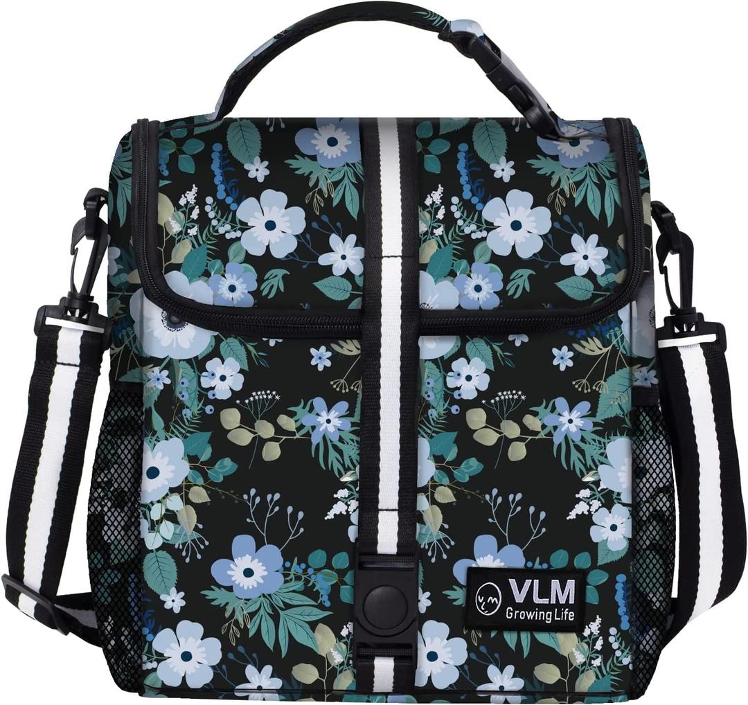 VLM Lunch Box for Women, Insulated Lunch Bag Women with Adjustable Shoulder Strap, Cute Lunch Tote Bag for Work,Picnic,Camping (Medium, Blue Floral)