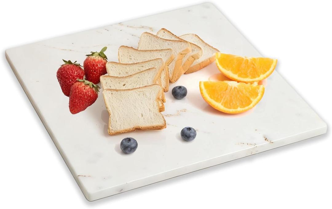 Diflart Natural Marble Stone Cutting Board for Kitchen, 16x16 Inch, White with Gold Veins, Marble Slab Pastry Board Large with Non-Slip Feet for Backing, Cheese, Chocolate, Pack of 1 Piece