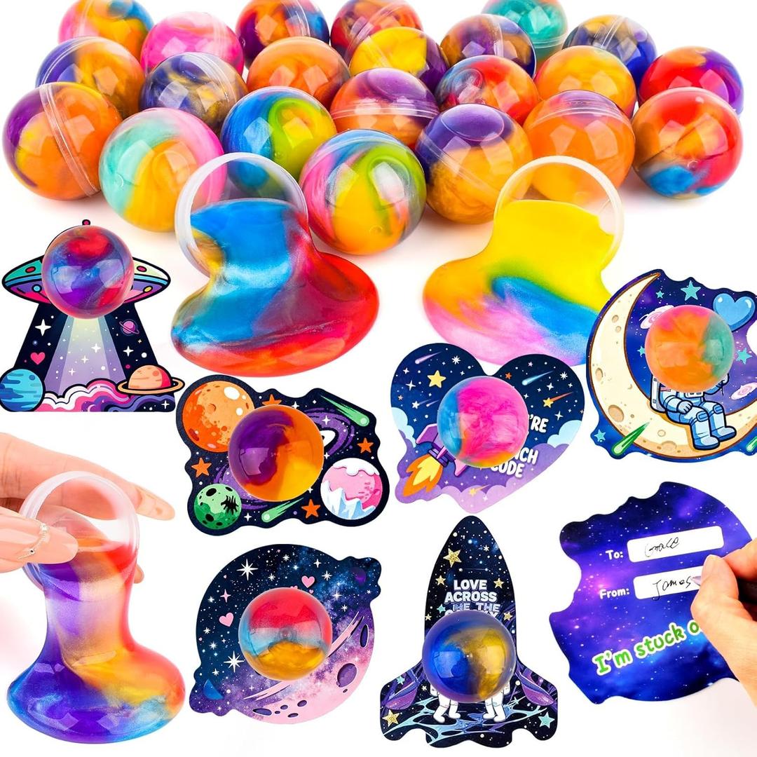 24 Pack Valentine Gift Cards with Slime for Kids School Valentine Day Gifts for Kids Classroom Exchange Colorful Stress Relief Fidget Toys Boys Girls Valentine Slime Party Favors