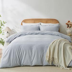 OAITE 100% Washed Cotton Duvet Cover Queen Size Soft Breathable Durable Bedding with Zipper Closure & 8 Corner Ties- 3 Pieces Plain Simple Duvet Cover Set,2 Pillow Shams,1 Duvet Cover(90"x90")