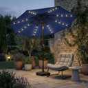 Kingdura 9FT Outdoor Patio Umbrella with Solar Lights, Market Table Umbrella with Push Button Tilt & Crank, 8 Sturdy Ribs, 32 LED Lights, UV Protection for Garden Lawn Deck Backyard Pool (Navy blue)