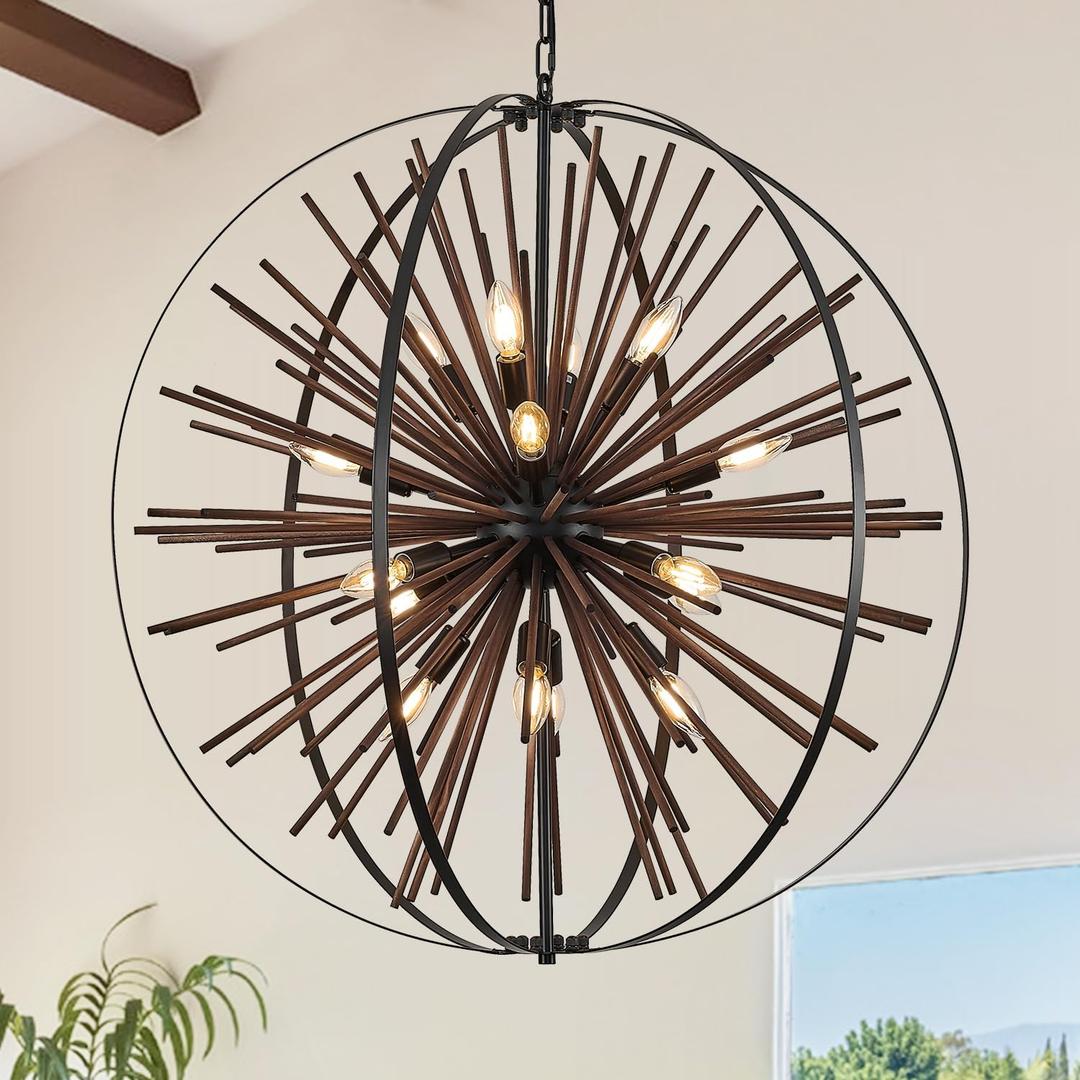 31" 16-Light Farmhouse Wood Sputnik Chandelier Black Hanging Light, 31in