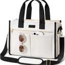 Canvas Tote Bag for Women, 15-Pockets Work Laptop Tote Purse Large Crossbody Nurse Teacher Bible Bag for School Travel Daily | with Strap & Zipper, Multi Compartment, Stand Upright Stably, College Shoulder Bag, Clinical Nursing Bag, Ideal Gift for Women (Medium-14inch, M2.black & White)