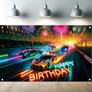 Race Car Racing Happy Birthday Backdrop Banner Neon Cars Photography Background Racing Party Decorations Photo Booth Supplies 71x43 Inch