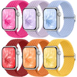 6 Pack Braided Stretchy Bands Compatible with Apple Watch Band 38mm 40mm 41mm 42mm 44mm 45mm 46mm 49mm Women Men, Adjustable Nylon Solo Loop Elastic Straps for iWatch Series 10 9 8 7 6 5 4 3 SE Ultra