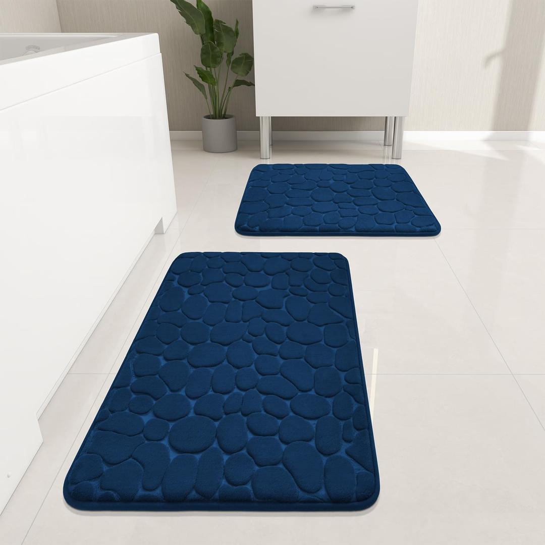 YIHOUSE Bathroom Rugs Mat Set 2 Piece Dark Blue, Memory Foam Bath Mats Sets, Non Slip Water Absorbent Washable Bath Rugs for Sink, Toilet and Floor