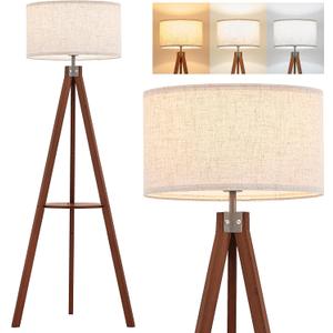 ELYONA Mid Century Floor Lamp with 3 Color Temperatures LED Bulb, Modern Wood Tripod Table Reading Standing Light, Wooden Shelf Floor Lamp for Farmhouse Living Room Bedroom Office Linen Shade Brown