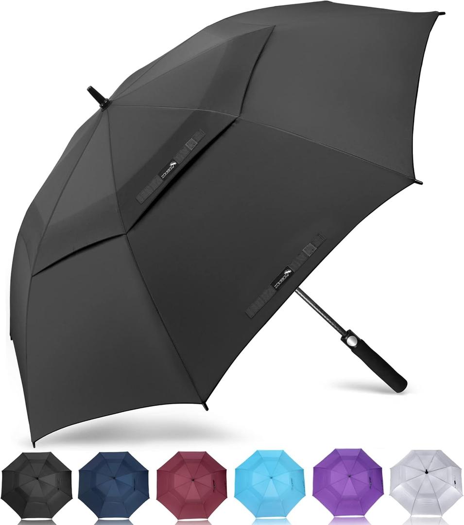 ZOMAKE Automatic Open Extra Large Golf Umbrella 54 Inch, Double Canopy Vented Windproof Oversize Stick Umbrellas for Rain(Black)
