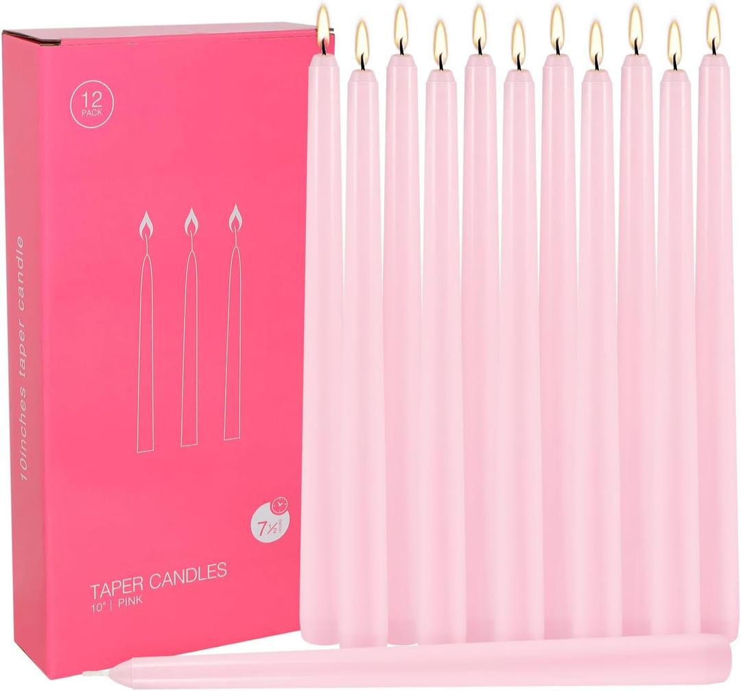 12Pack 10 Inch Pink Taper Candles, Unscented,Smokeless and Dripless Candlestickst,8 Hours Long Burn Time Candle for Valentine's Day,Wedding, Part, Shabbat and Household,Home Dcor