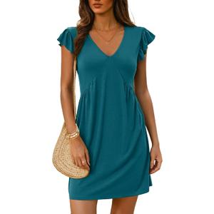 Dokotoo Women's Summer Dresses Beach 2026 Casual Deep V Neck Loose Sundress Ruffle Sleeve Mini Dress (Green, S)