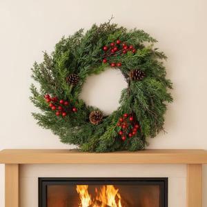 24 Inch Christmas Cypress Wreath, Christmas Wreath for Front Door, Real Touch Pine Wreath,Artificial Green Cedar Wreaths with Pine Cones for Wall Window Porch Indoor Outdoor Winter Decor