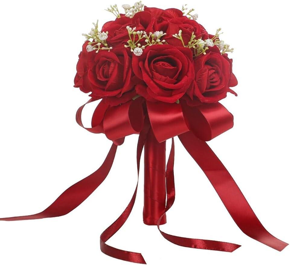 Wedding Bouquet Bride Flower Bridal Bouquets, Ribbon Artificial Rose Wedding Bouquets for Bride Bridesmaid Bouquet Dark Red Rose Bouquet Bride Bridesmaid Holding Flower for Wedding Decor