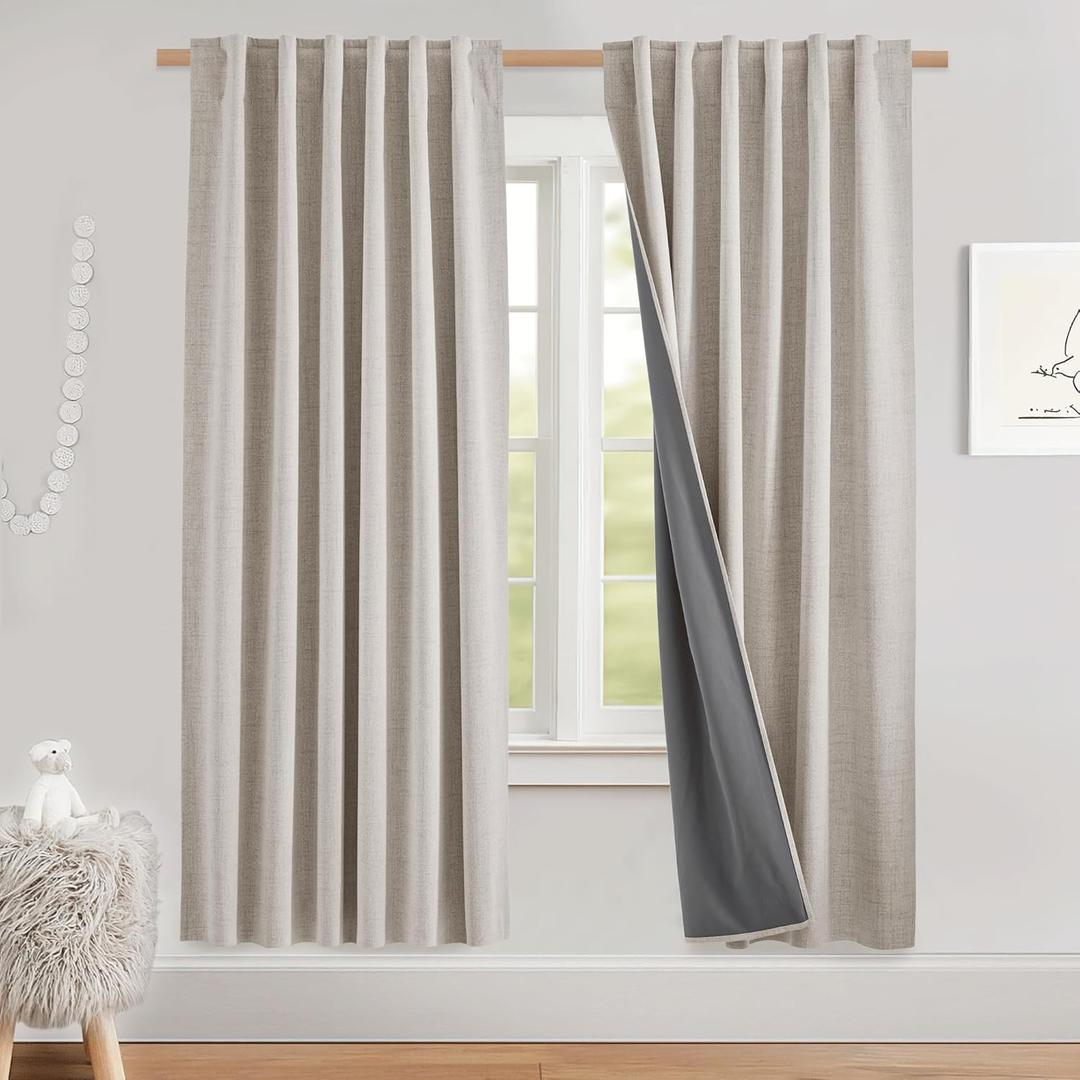NICETOWN Natural Linen Blackout Curtains for Farmhouse, W52 x L78 Inch, Set of 2, Thick Linen Blend Insulated Rod Pocket Back Tab Draperies with Gray Liner, Drapes for Bedroom, Living Room, and More