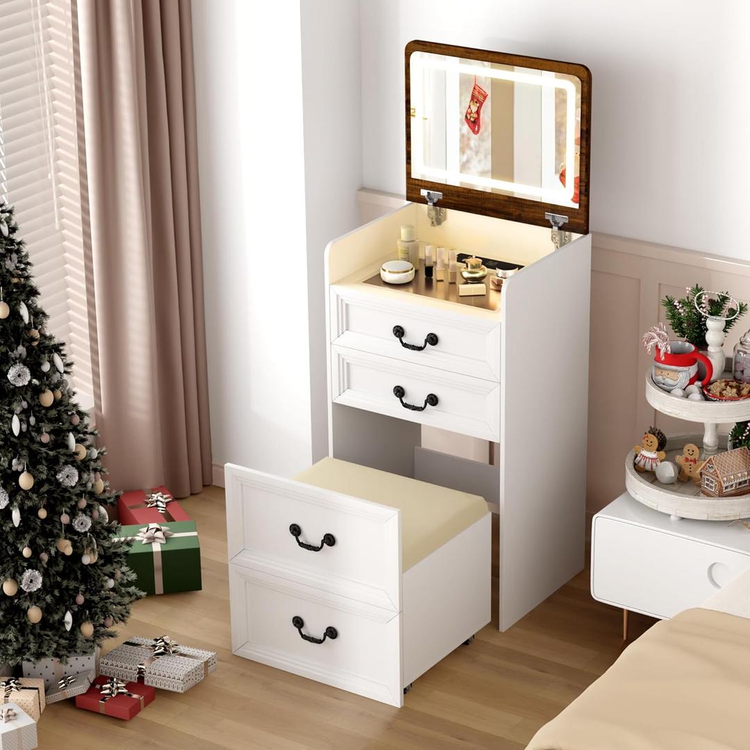 ChicFurnit Makeup Vanity,3-in-1 Vanity Desk with Flip-Top Mirror,Hidden Stool & Visible Glass Desktop,Convertible Vanity Set with USB Charging Station,Open Shelf & 3-Color Lighting,White&Brown