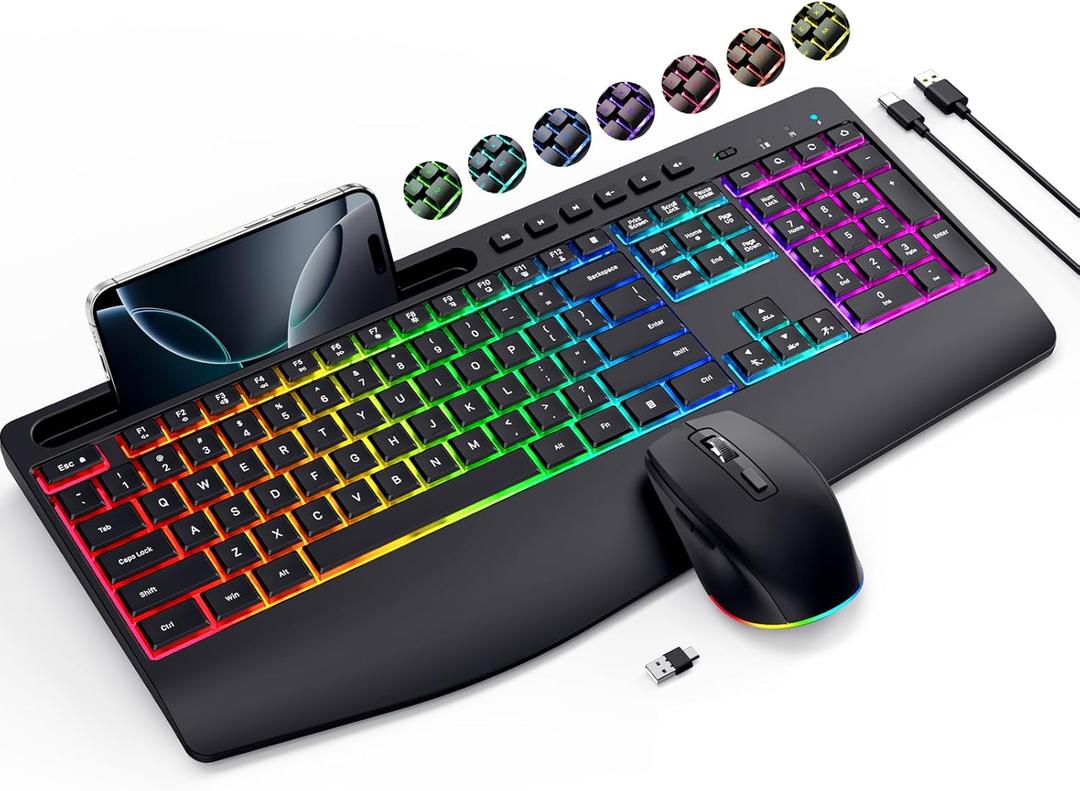 Wireless Keyboard and Mouse Combo- VEILZOR 2.4G Rechargeable Keyboard with Phone Holder, Ergonomic Wrist Rest, 9 RGB Backlit Effects, Silent Keyboard Mouse Set for Windows, Laptop, PC (Black)