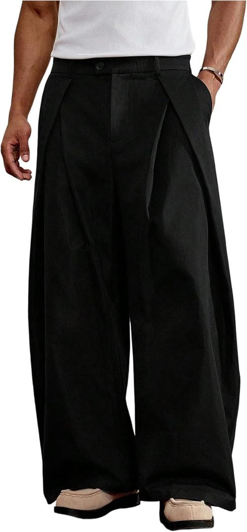 GORGLITTER Men's Baggy Dress Pants Wide Leg Pleated High Waisted Streetwear Trousers Track Pants Work Business Casual (Black, L)