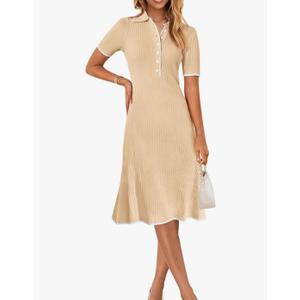 MEROKEETY Women's V Neck Ribbed Knit Midi Dress Short Sleeve Button Elegant Bodycon Sweater Dresses, Apricot, Small