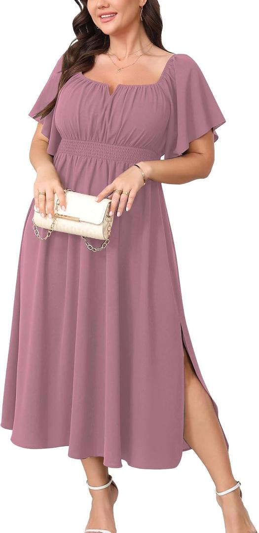 Women Plus Size Dress Wedding Guest Formal Ruffle Short Sleeve Square Neck Smocked Flowy A Line Slit Maxi Dresses (Dusty Pink), Size: XX-Large Plus