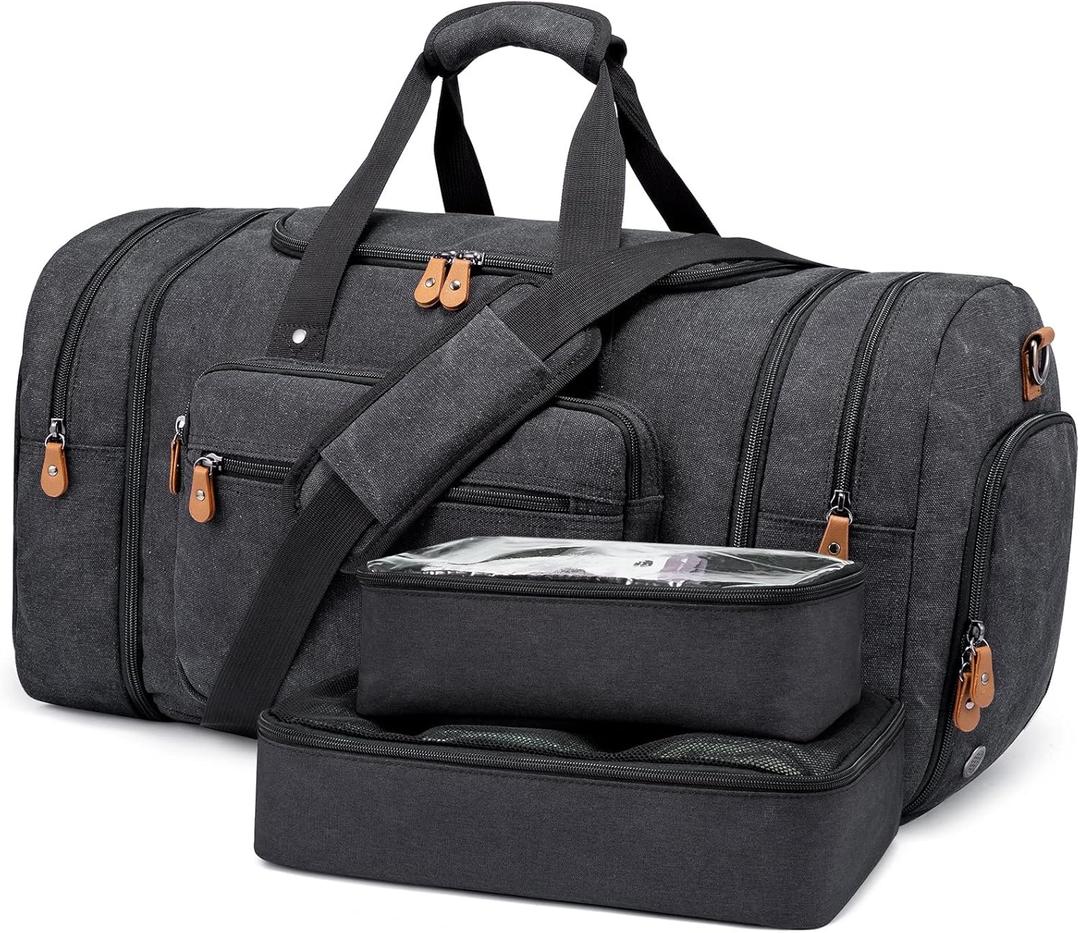 Sucipi Canvas Travel Duffel Bag for Men, Weekend Overnight Bag with Shoe Compartment and Toiletry Bag, Carry-On for Airplanes, Dark Grey (Dark Grey-3 piece set)