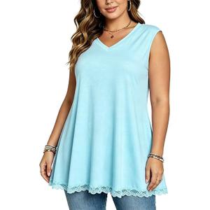Afibi Women Summer Dressy V Neck Tank Top Loose Fit Flowy Sleeveless Shirt (XX-Large, Light Blue)