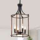 Modern Farmhouse Chandeliers 4 Light 11.8" Lantern Pendant Lighting Fixture Adjustable Height Ceiling Lights Black Wood Grain Finish for Kitchen Foyer Entryway Hallway Dining Room
